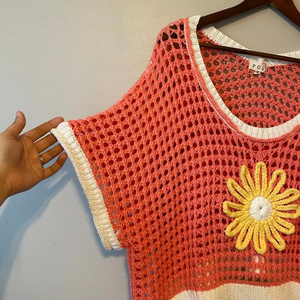 POL Flower Open Knit Crochet Sweater Daisy orange sz S - Picture 7 of 14